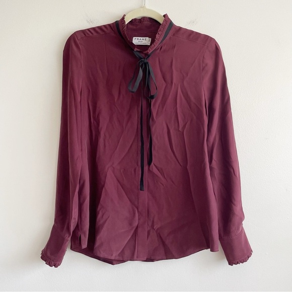 Frame Ruffle Neck Contrast Tie Silk Blouse XS burgundy Edwardian renaissance red - Picture 14 of 14